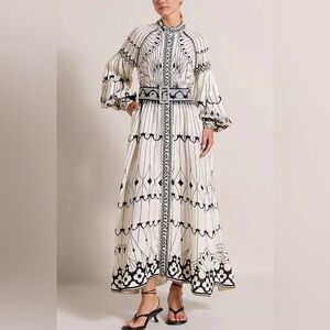 Commense White and Black Long Sleeve Maxi Dress with Belt